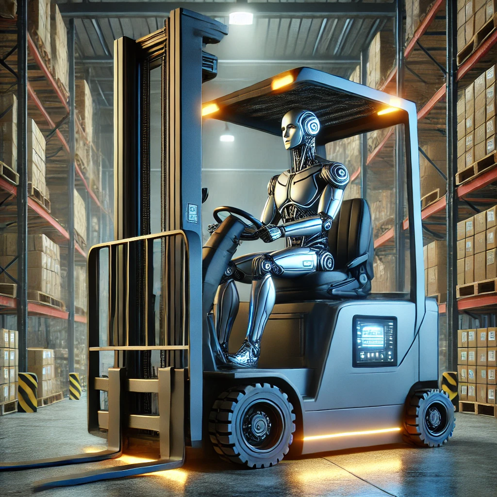 Realistyczna wizualizacja futurystycznego robota siedzącego w kabinie wózka widłowego i operującego nim w magazynie. Robot wyposażony w nowoczesne technologie i metalowe kończyny steruje pojazdem, podnosząc palety z towarem. Industrialne otoczenie pełne półek i jasnego oświetlenia tworzy doskonałe tło dla tej futurystycznej sceny z użyciem maszyny UDT.